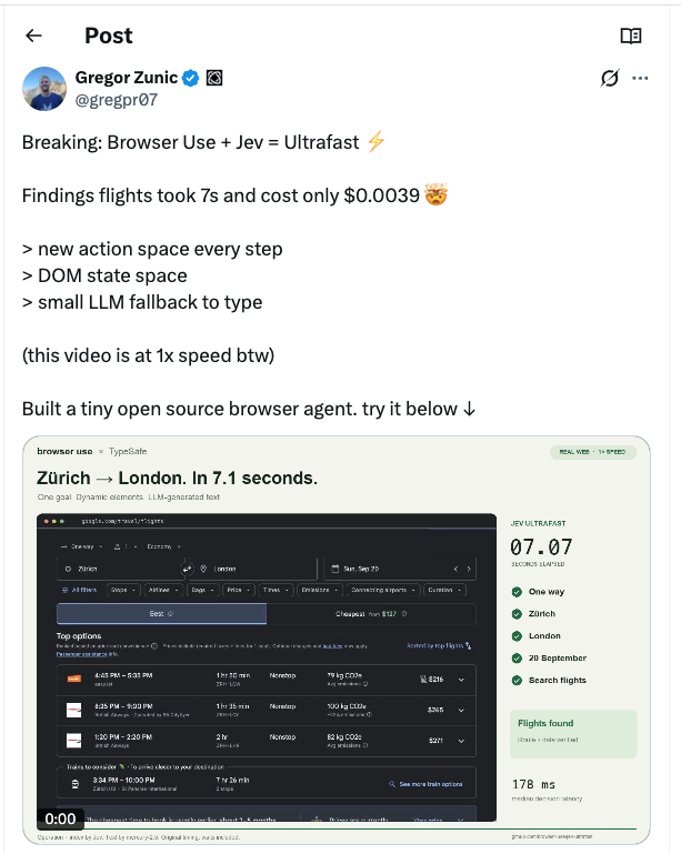 Gregor Zunic demonstrates Browser Use and Jev finding flights in seven seconds