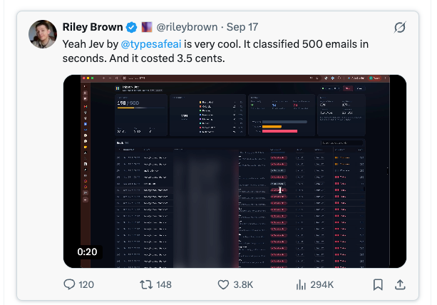 Riley Brown shares a Jev email-triage demo that classified 500 emails